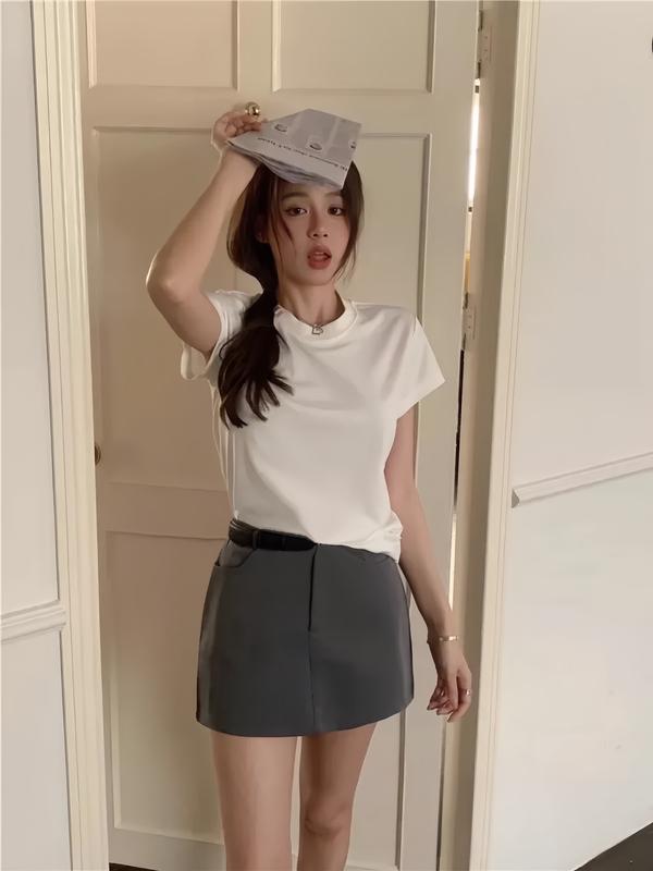 Sét chân váy chữ a dáng ngắn kèm áo thun trắng co giãn hàng [ hàng QC ] sétđồ y2k sétváygile 【 bộ   đen mặc đi tiệc đen sang trọng