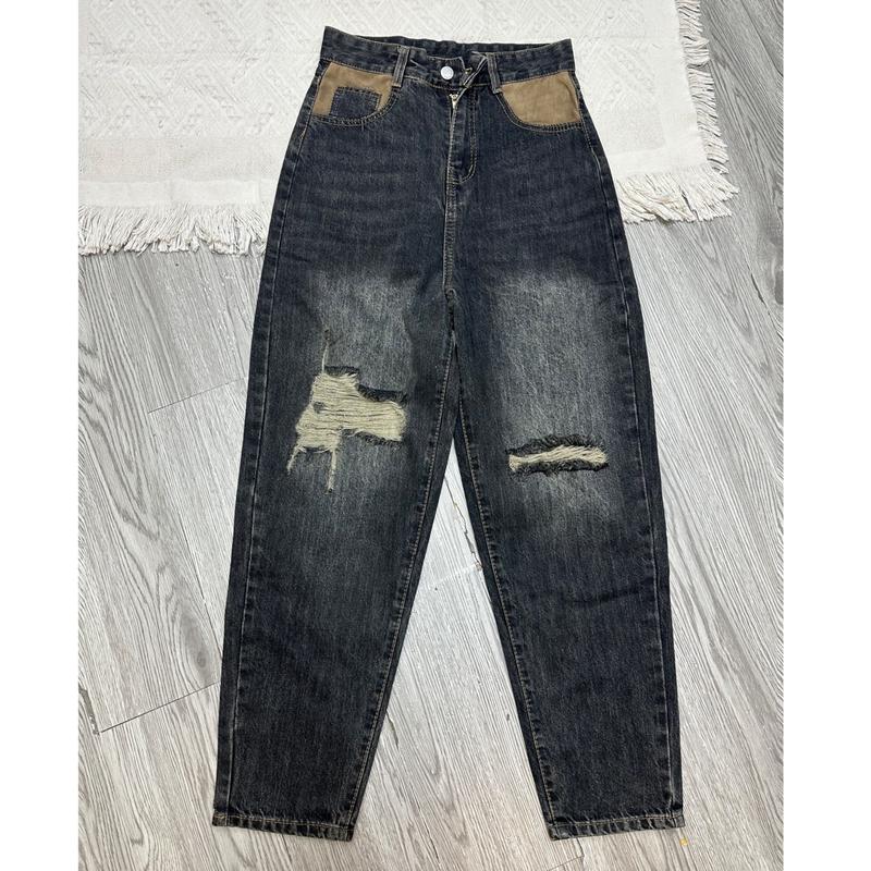 6026 BL679 LIVE BIGSIZE quần jean nữ baggy dáng thụng cạp cao túi trước lót nâu, quần bò baggy nữ lưng cao tạo kiểu hai bên  Ong