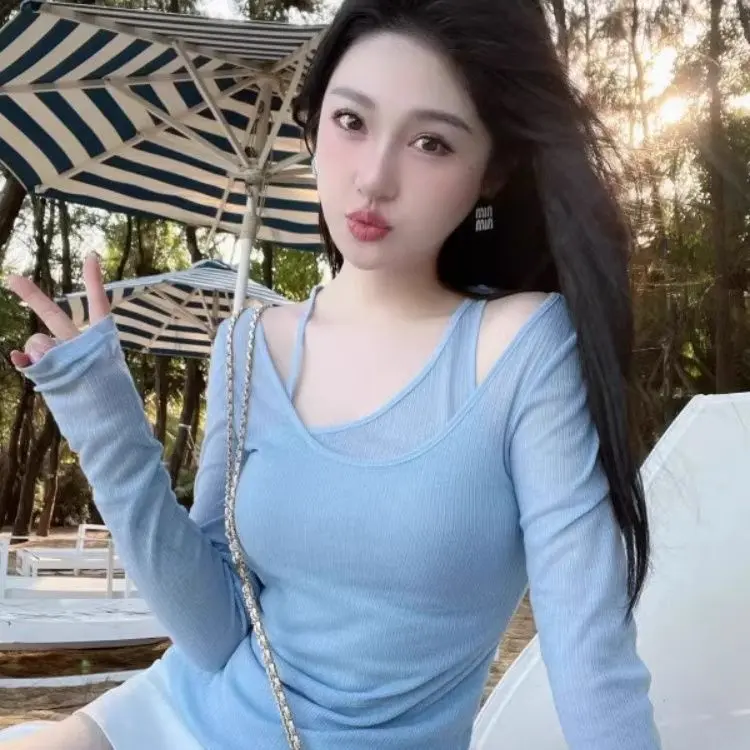 Áo Thun Giả Hai Mảnh Phong Cách Hàn Quốc, Dễ Thương Và Gợi Cảm, Bất Đối Xứng, Dành Cho Nữ, Cô Gái Nóng Bỏng Mùa Hè, Trễ Vai, Ôm Sát, Tạo Hình, Tay Áo Dài, Áo Chống Nắng, Bộ Sưu Tập 508 Người
