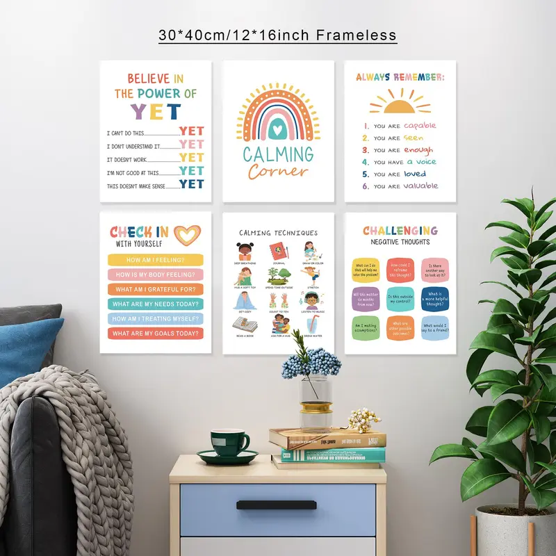 Cartoon Pattern Wall Art without Frame, 6 Counts/set Colorful English Motivational Wall Decor, Modern Canvas Wall Art for Home Living Room Bedroom 3
