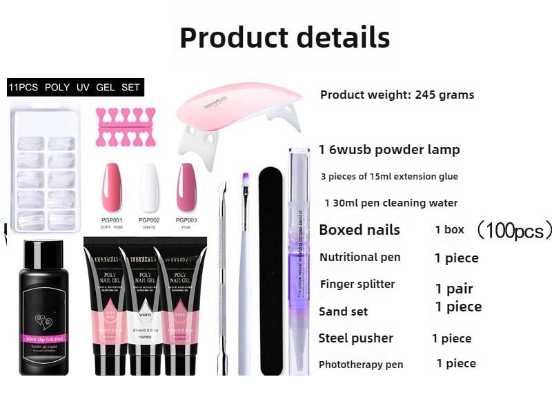 Product Introduction of ชุดเจลติดเล็บ, ส่วนขยาย, ชุดทำเล็บเต็มรูปแบบ, สีชมพูนู้ดและสีขาว, ต่อเล็บอย่างรวดเร็ว, ชุดเครื่องมือปลายนิ้วอาคาร 0