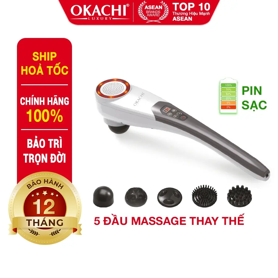 Máy Massage Cầm Tay Pin Sạc OKACHI JP-620E (Hồng Ngoại) Với 5 Đầu Massage Đa Năng, Điều Khiển Bằng Nút bấm Điện Tử Máy Massage