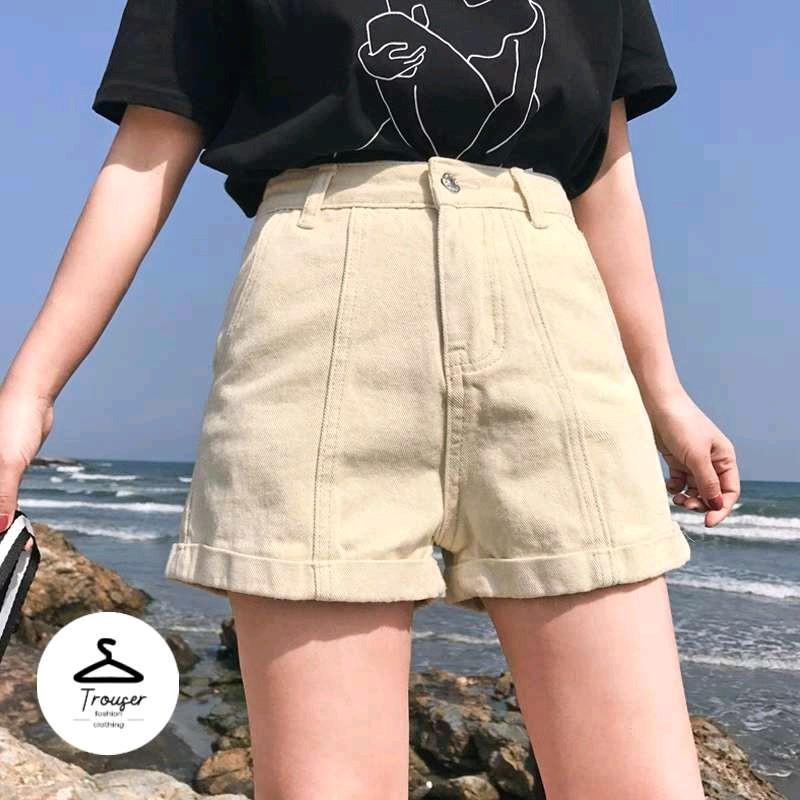 Quần short jean nữ ống rộng lưng cao gập gấu 3 màu đen, be, trắng vải jean kaki dày dặn không phai màu 0