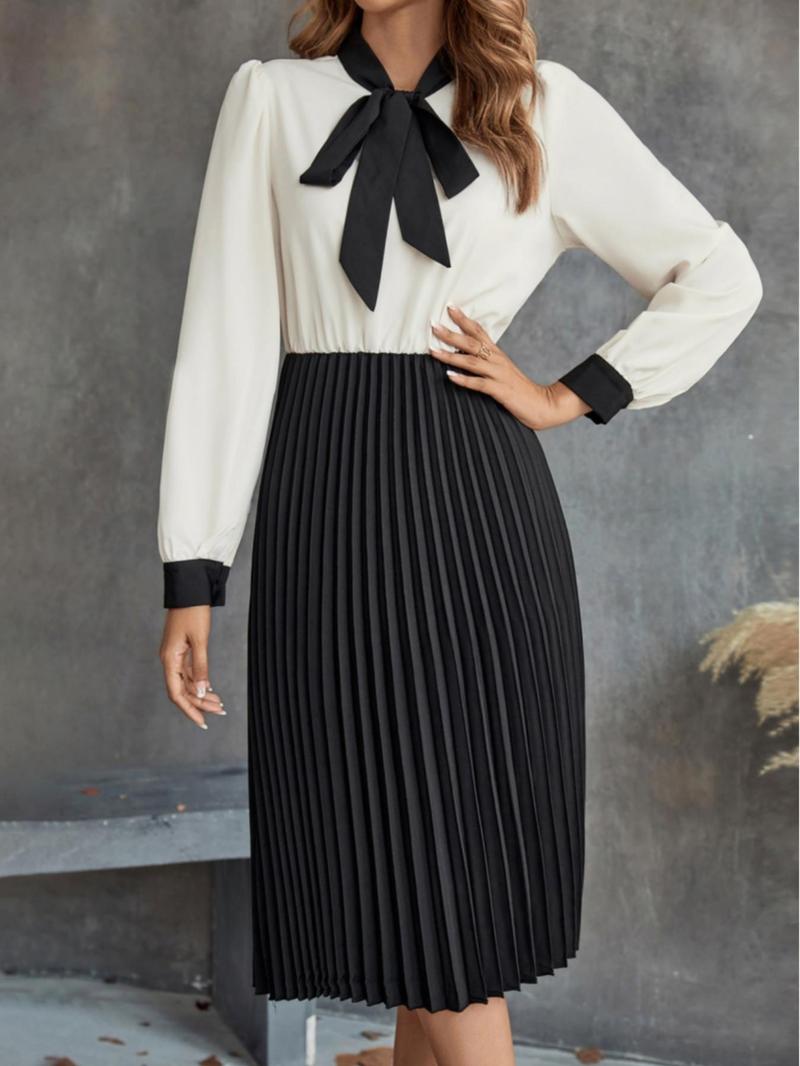 Product Introduction of Women's Colorblock Tie Neck Pleated Dress, Elegant Long Sleeve A Line Dress for Spring & Fall, Women's Clothes 1