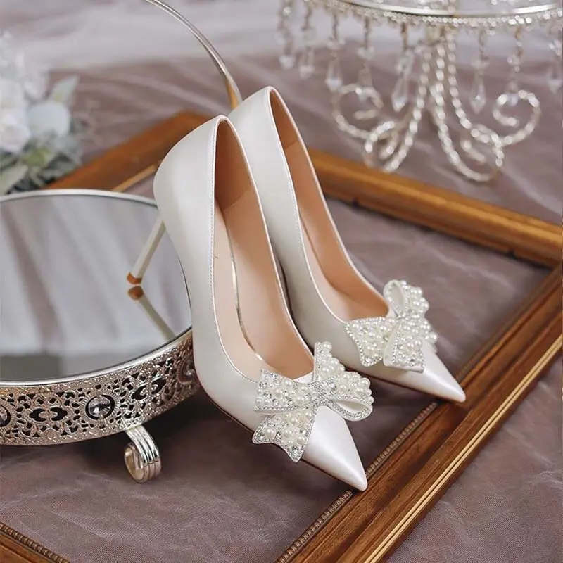 Giày cao gót nữ giày nơ đính ngọc gót nhọn 9cm và 7cm Shoes giày cưới giày  caogót 5