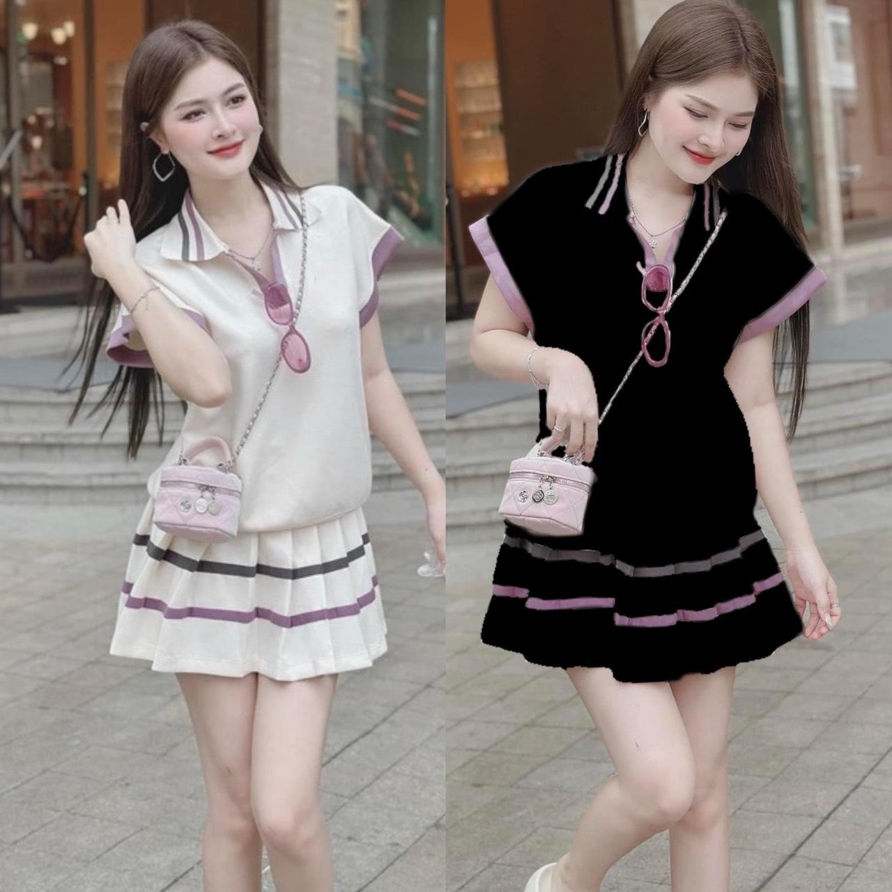 Set Váy Áo Viền Sọc Cổ Polo Nữ 45 - 95kg Dễ Thương Cho các nàng Có Bigsize Thun Women - A.1347
