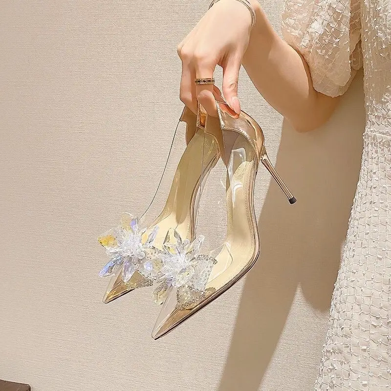 Giày cao gót nữ 7cm, Giày quai trong mika mềm gót nhọn HOA ĐÁ gót nhọn chuẩn size Shoes giay  caogot8p
