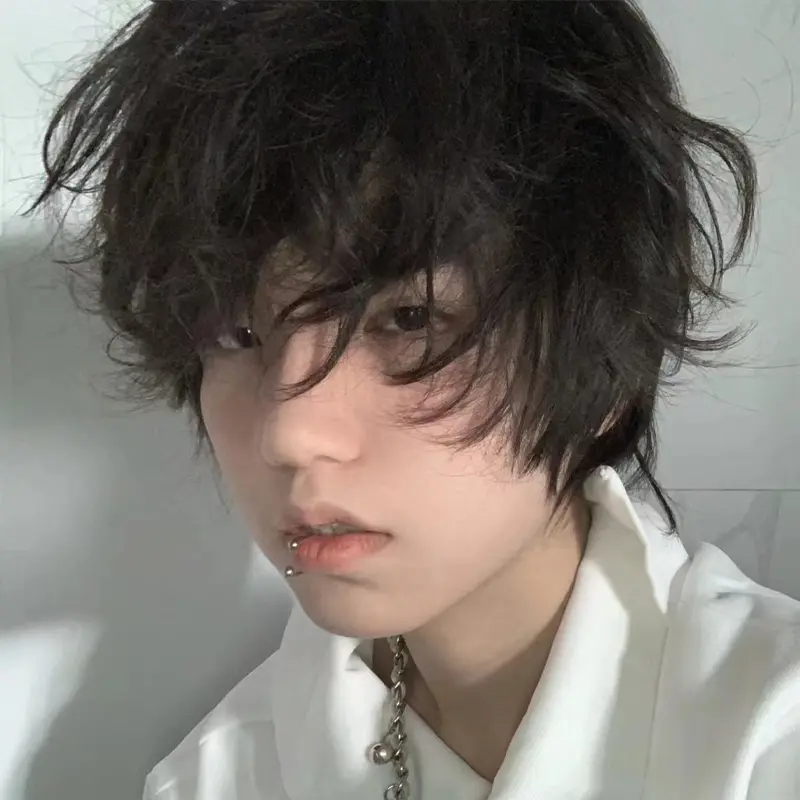 Rambut palsu pria gaya yang sangat sama karena rambut keriting pendek modis kepala mie instan wol halus kinerja kepribadian keriting penutup rambut penuh 5