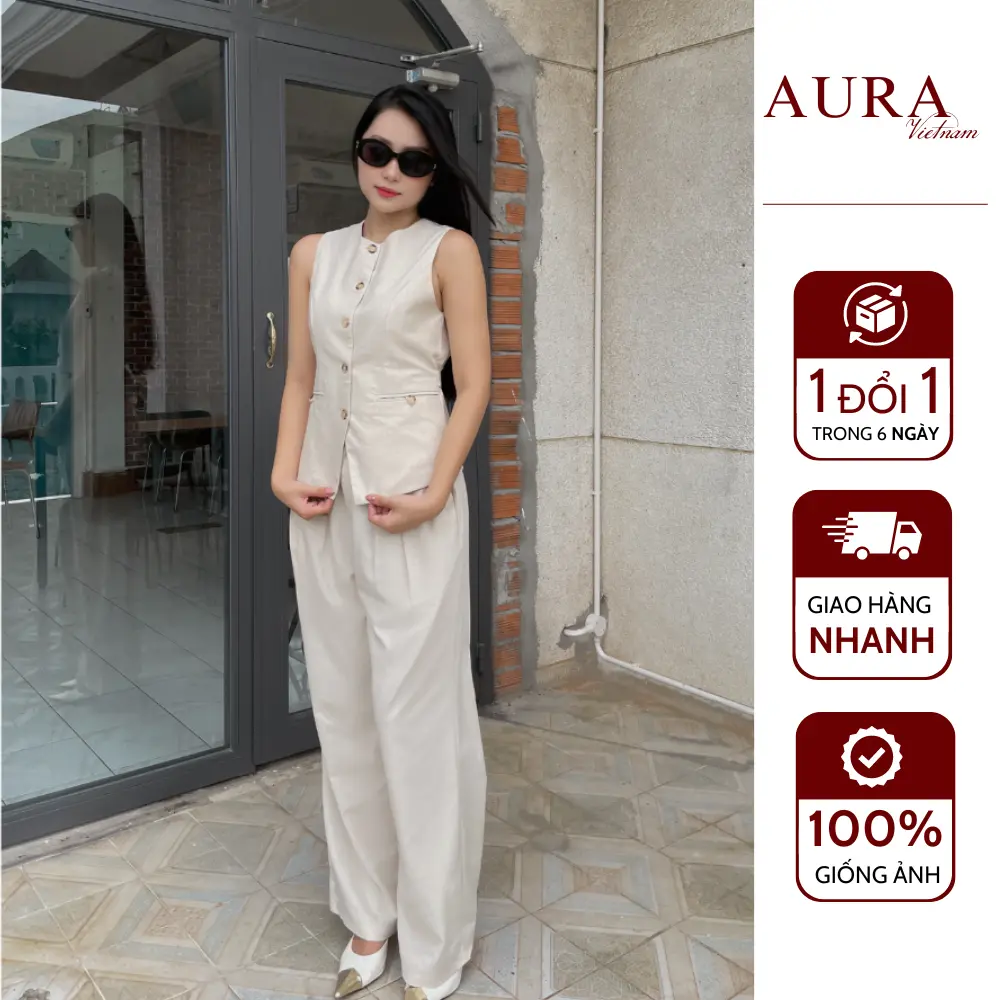 AURA Vietnam - Joella Set - Set Gile Linen Bột Cao Cấp Màu Beige Cho Nữ - Hoàn Hảo Cho Đi Làm, Đi Chơi, Dạo Phố - Thiết Kế Với Đai Lưng Điều Chỉnh Tôn Dáng, Tôn Eo - Sang Trọng, Tinh Tế, Đơn Giản
