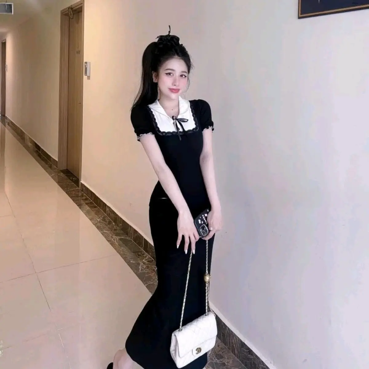 Đầm body cổ bẻ tay ngắn dáng dài đuôi cá thanh lịch/ Đầm đi tiệc đi chơi _ Chất thun tăm lạnh