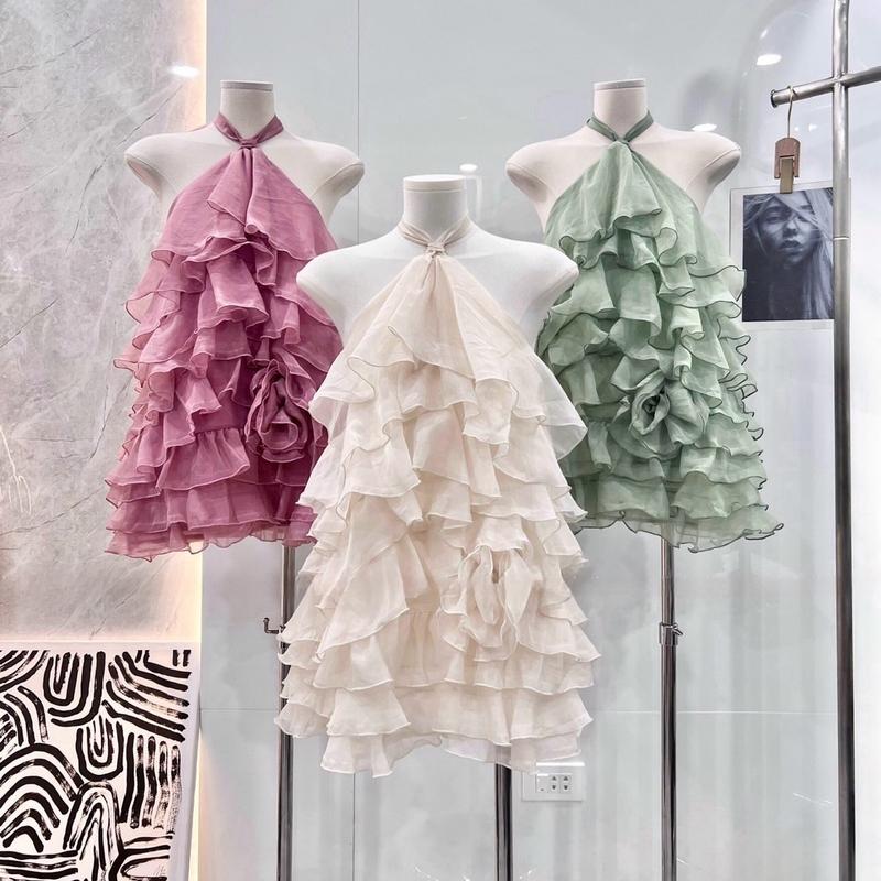 Váy thiết kế - Váy tơ cổ buộc bèo tầng xếp xinh sang full màu hồng xanh kem đen 1253 Nữ Women Nữ Women Nhung Dress 2