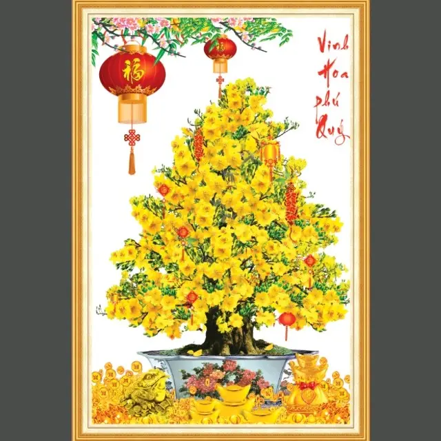 Tranh dán tường 3D hoa mai, hoa đào in trên vải lụa (shop sẽ gửi kèm keo dán)