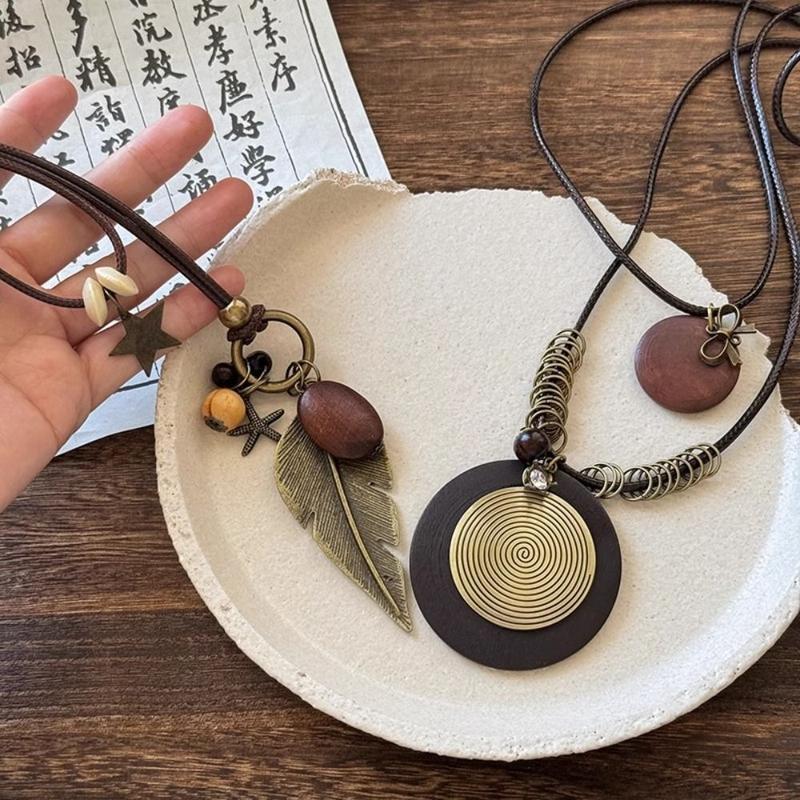 Vòng Cổ Phong Cách Dân Tộc, Tua Rua Cổ Điển, Thiết Kế Gỗ Họa Tiết Phong Cách Bohemian, Choker, Thiết Kế Lá, Làm Bằng Dây Thừng Pu, Dây Chuyền Áo Len Dài, Thích Hợp Cho Bữa Tiệc 5