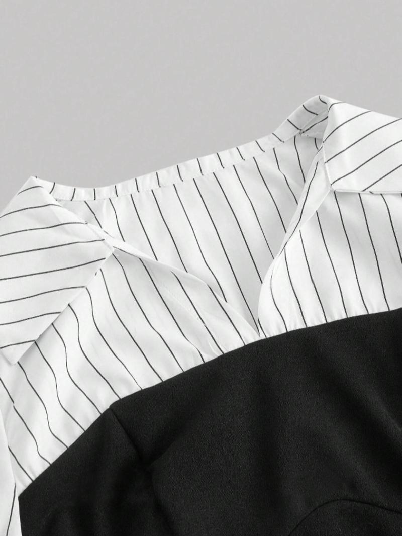 Product Introduction of Women's Patchwork Striped Print Bishop Sleeve Split Hem Blouse, Elegant Long Sleeve Collared V Neck Top for Fall & Winter, Women's Clothing for Daily Wear 16
