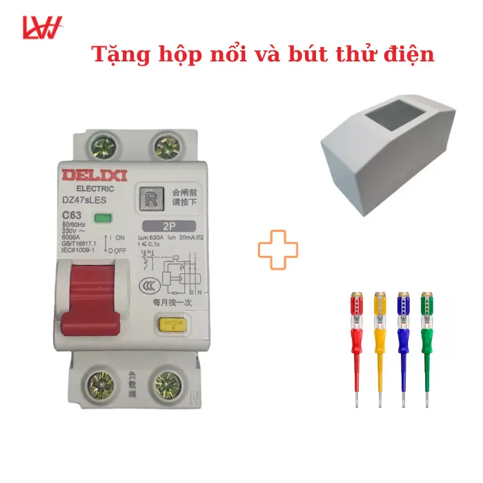 Át chống giật dòng rò - RCBO chống quá tải Delixi C63 kèm hộp nổi và bút điện - Áptomat chống giật
