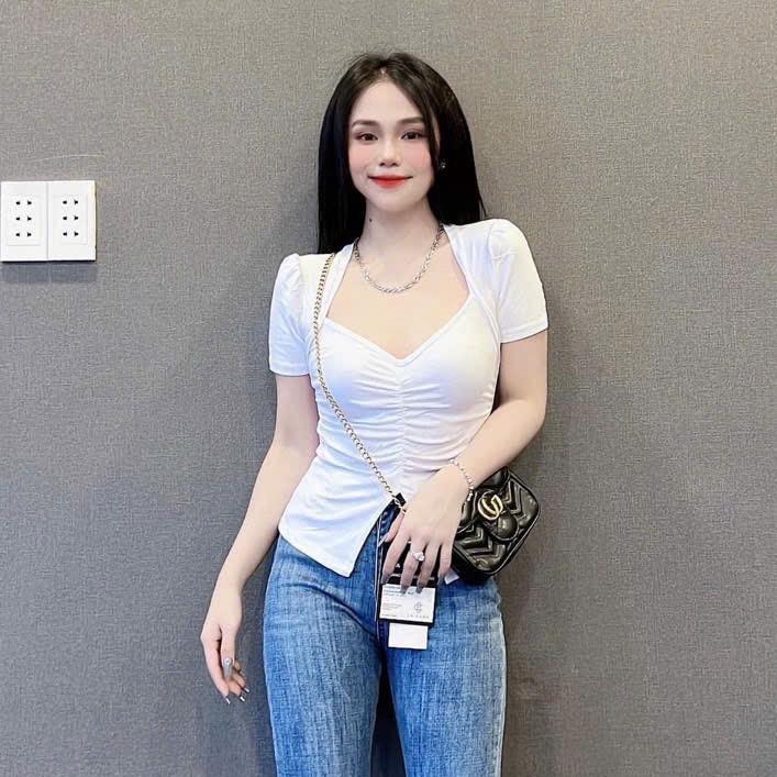 B1- dưới 58kg Áo thun tay ngắn borip nhún eo và cổ from baby tee Women 3