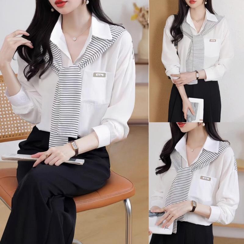 Áo sơ mi trơn dài tay phối khăn kẻ sọc K9 chất mềm mát hàng Qc Top Nữ Women aoxinh hot somikieu buộc vạt khăn cổ
