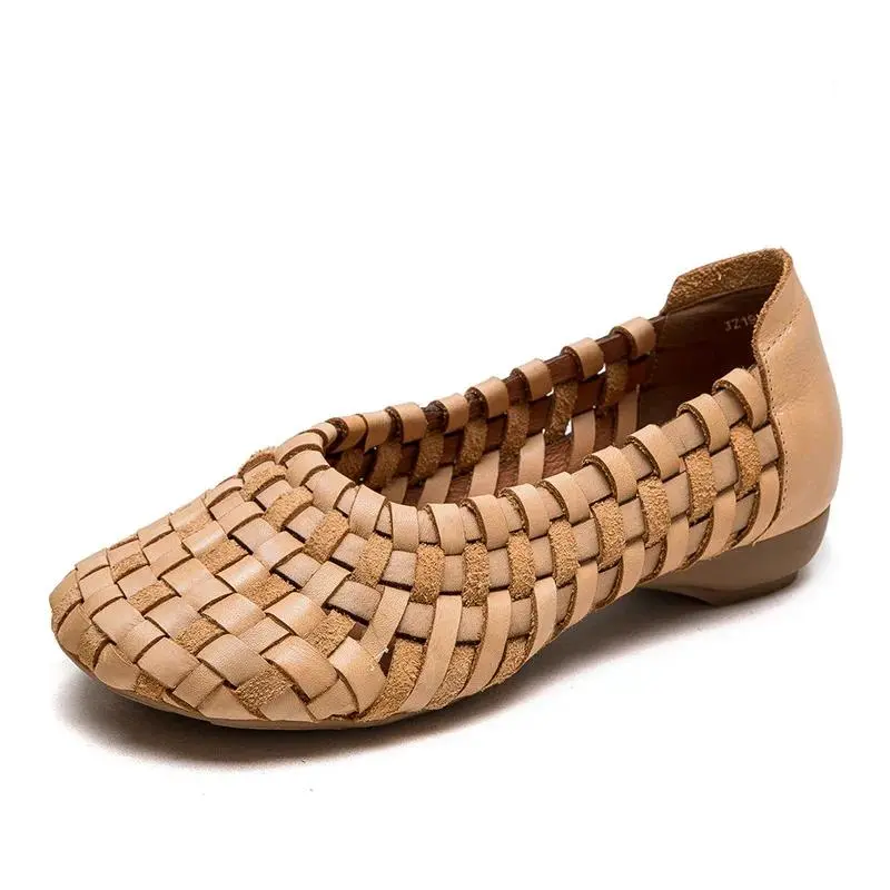 New Ethnic Handmade Weave Genuine Leather Oxfords Soft Soled Comfy Elegance Fashion Summer Women Slip on Ladies Shoes