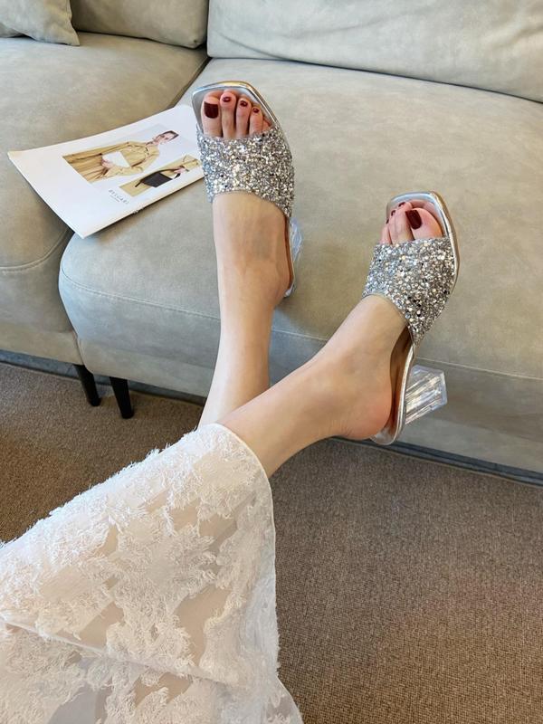 Women's Fashionable Glittering Chain Decorated Heeled Sandals, Elegant Square Toe High Heel Sandals for Party, Daily Clothing Decor for Women & Girls, Footwear 4