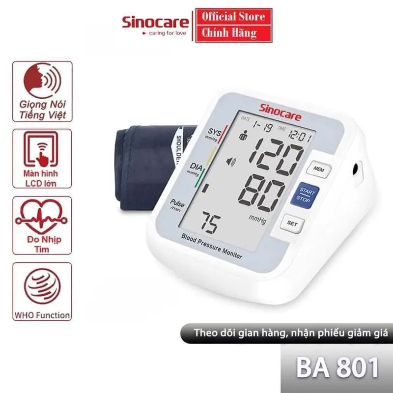 Máy đo huyết áp Sinocare chính hãng, Bảo hành 3 năm tặng kèm pin