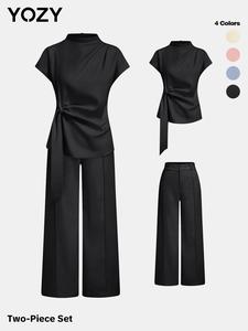 YOZY Two-piece Set Women's Solid Wrap Mock Neck Top & Elastic Waist Pants, Casual Fashion Cozy Zipper Top & Trousers for Daily Outdoor Wear, Ladies Summer Clothes, Suits, Womenswear