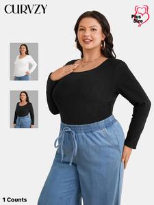CURVZY Plus Size Solid Round Neck Tee, Casual Long Sleeve Crew Neck T-shirt, Women's Clothing for Daily Wear