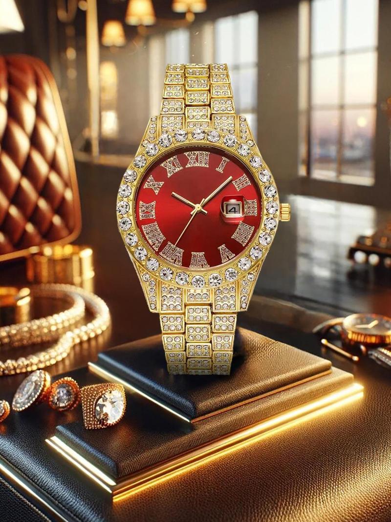 Product Introduction of Men's Luxury Rhinestone Decorated Analog Quartz Watch with Date Function, Fashion Watch for Party, Daily Decor, Trendy All-match & Exquisite Watch for Birthday Gift with Box 3