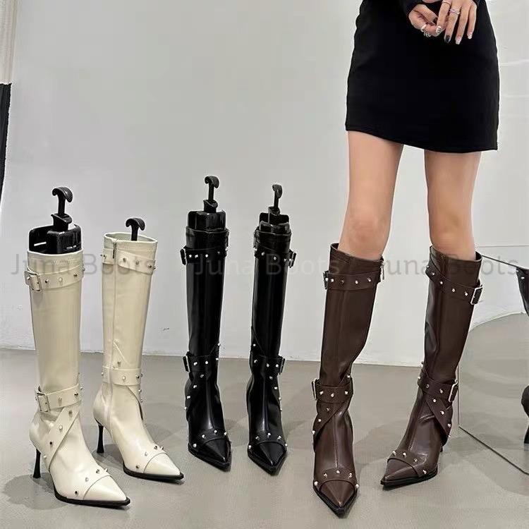  Giày Bốt gối nữ mix đinh tán swing - Boots gót nhọn 7p mũi nhọn da mềm siêu hottrend 