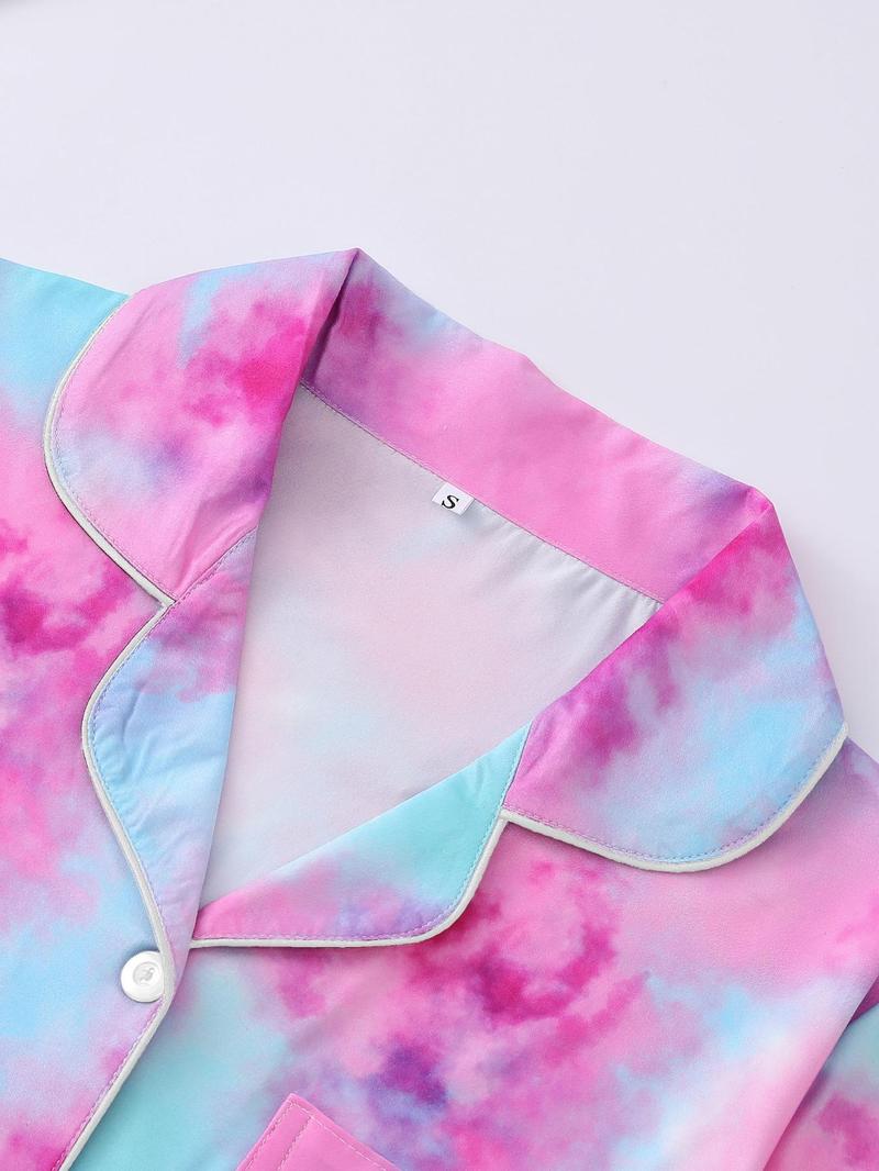 Product Introduction of Women's Tie Dye Print Lapel Shirt & Elastic Waist Shorts Pyjama Set, Casual Button Front Short Sleeve Top & Shorts, Pajamas, Ladies Summer Sleepwear 20