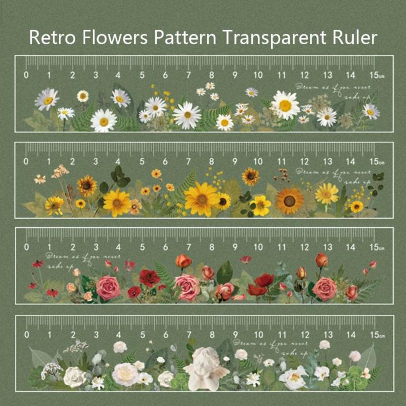 Multi-function 15cm Ruler Student Gift Plastic Straightedge Retro Flowers Pattern Stationery Drawing Tools School Office Supplies 1