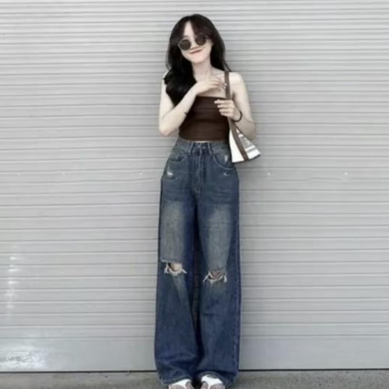  Quần Baggy Jean nữ ống rộng màu xanh Đậm bụi ,Quần babgy jean nữ suông rách gối TH 627 