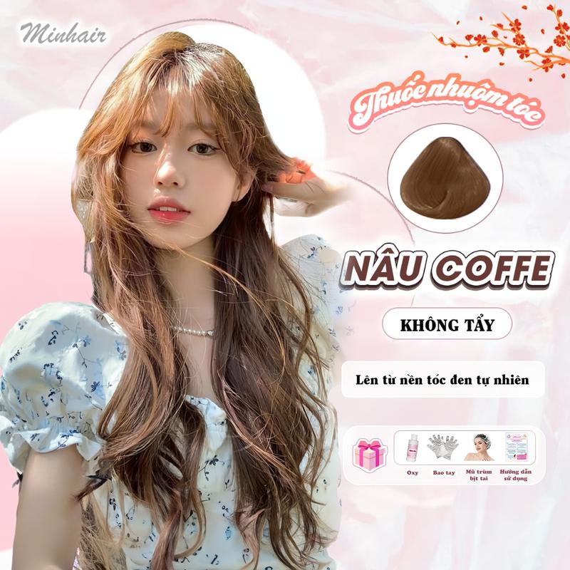 Thuốc nhuộm tóc Nâu Cafe không cần tẩy tóc Min.hair tặng kèm oxy trợ dưỡng và bao tay, trùm đầu, bịt tai Nữ  Đổi Màu Tóc Women
