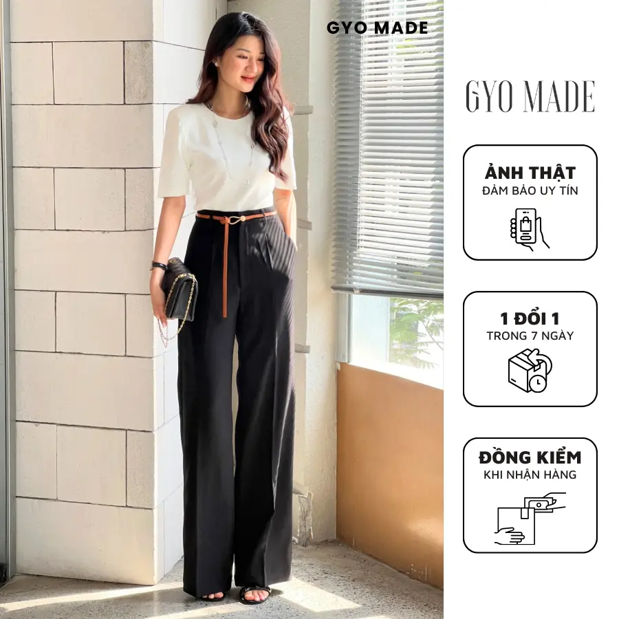 Quần Ống Rộng Nữ Đen GYOMADE Công Sở Chuẩn Form, Mặc Thoáng Mát | GQ001B