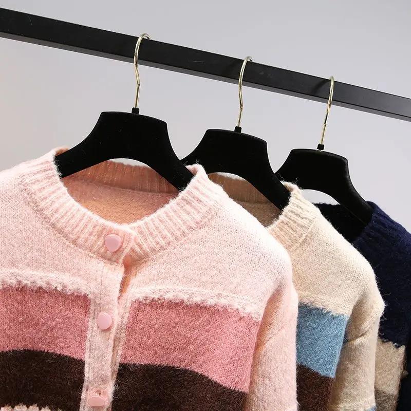 Product Introduction of Multicolor striped lantern sleeve knit loose single breasted women's cardigan sweater coat for women clothing Autumn Winter Knitwear Womenswear 11