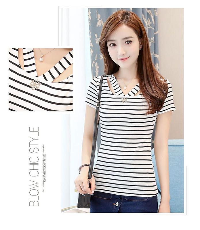 Product Introduction of Women's Summer Design Striped T-shirt Thin and Slimming White V-neck Short Sleeved T-shirt 25