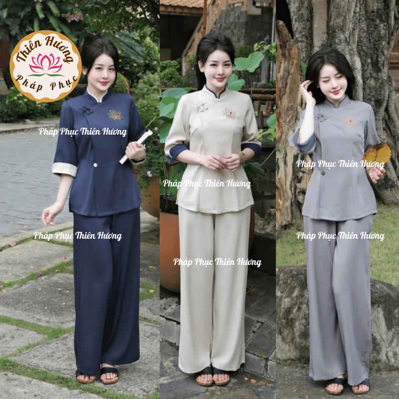 Đồ bộ đi chùa cổ tàu thêu sen vải đũi thái Pháp phục lễ chùa tay lỡ phối viền Đồ lam nữ khuy tết đũi mát Thanh lịch