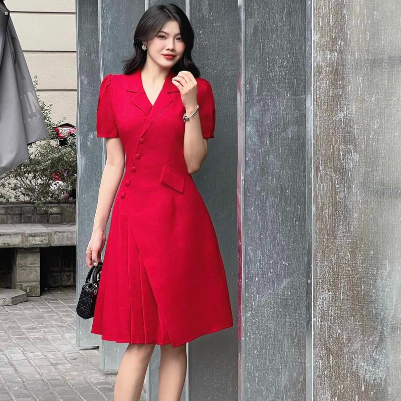  Đầm vest nữ thiết kế Nhật Vy Boutique tay ngắn cúc bọc xếp ly form chiết eo chất liệu linen gân phù hợp công sở dự tiệc dạo phố sang trọng thanh lịch - DA2740 Đỏ 