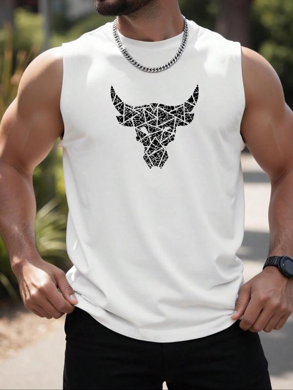 Men's Bull Head Print Round Neck Tank Top, Casual Fit Quick Drying Breathable Sleeveless Top for Gym Workout Running, Men's Clothes for Summer 2