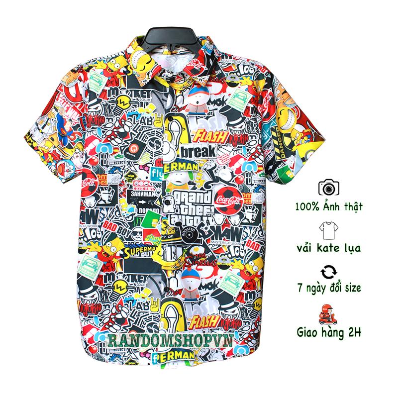 Áo Sơ Mi Hoạt Hình Nhiều Họa Tiết Tay Ngắn Chất liệu Kate Lụa Nam Nữ đều mặc đẹp.