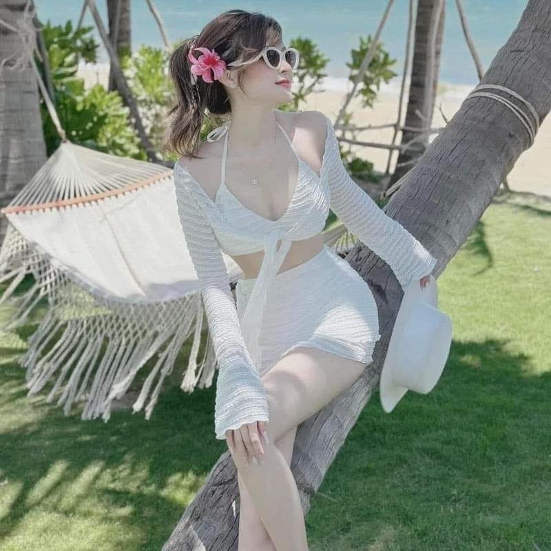 MS922  Size (M,L,XL) Bikini đồ bơi đi biển set 4 món GỢN SÓNG 3D dễ thương, kín đáo