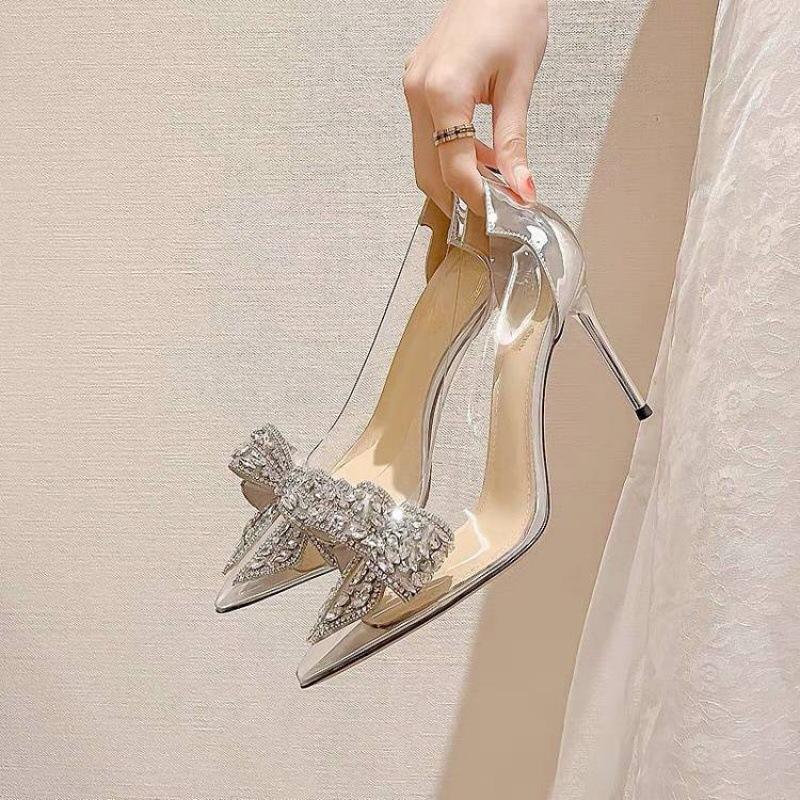 Chị Đẹp Store - Giày mika trong suốt cao gót bít mũi gót nhọn 9 phân đính Nơ Đá sang chảnh - HA18 Shoes Nữ