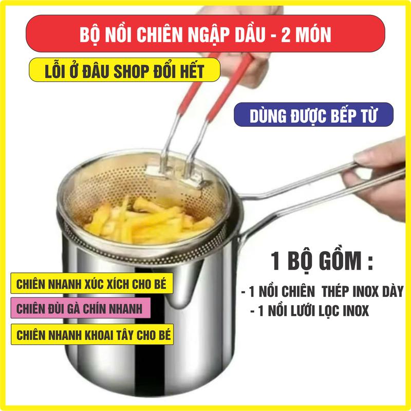 BỘ NỒI CHIÊN NHÚNG NGẬP DẦU (2 MÓN) Thép không rỉ, INOX dày dặn. Bộ nồi kèm rổ lọc dầu size 12 x13 cm [COMBO 2 BỘ = 4 MÓN]
