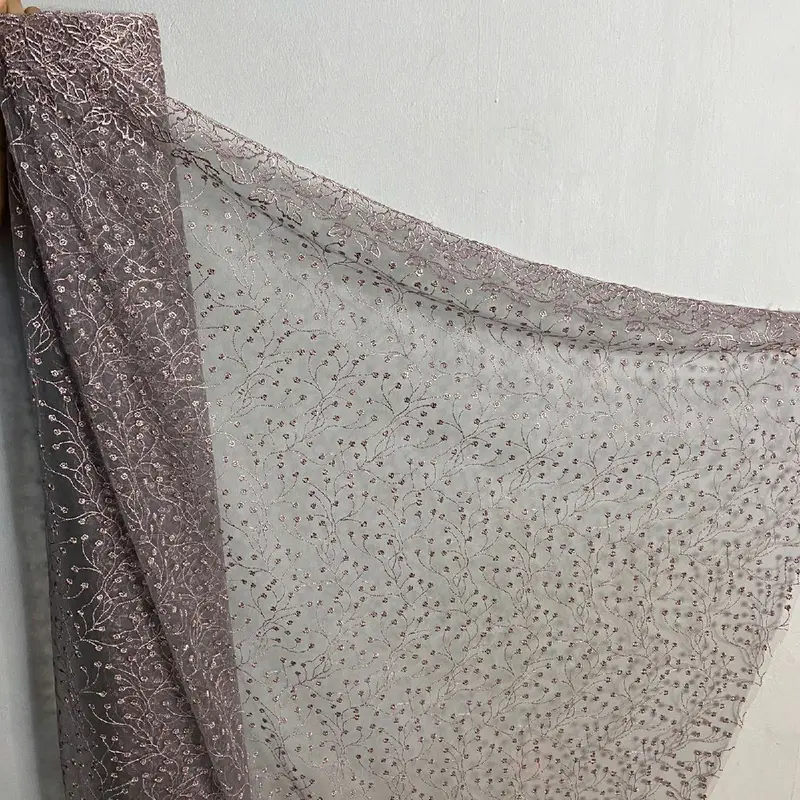 1/2 Meter Kain Brokat Motif Daun - Warm Lilac 2
