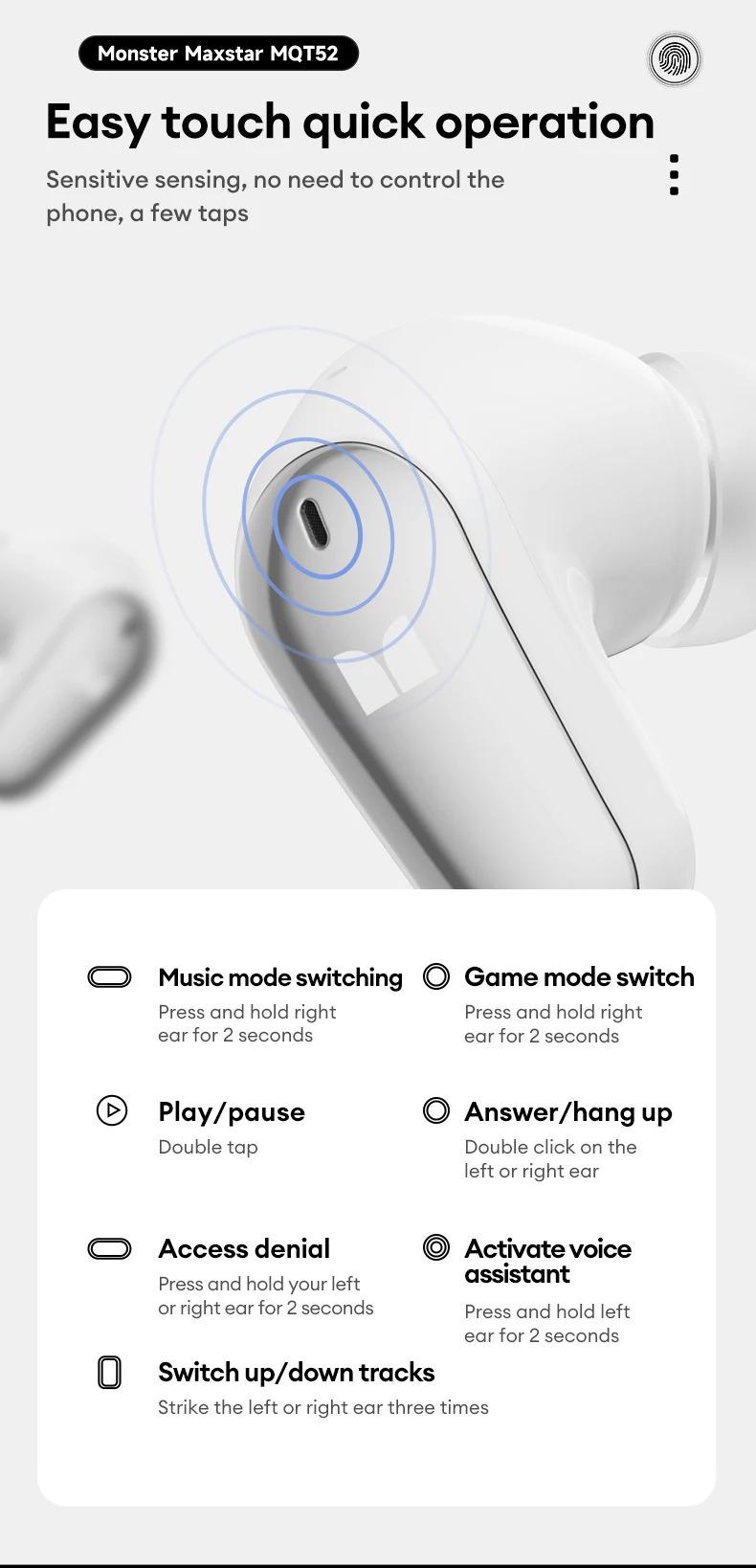 (Best Price)Monster MQT52 TWS Wireless Bluetooth 5.4 Earphones with Surround Sound, Dolby Audio, Low Latency, Noise Reduction, 24H Battery Life, Immersive Audio Headset, Microphone Amplifier (Best Price)Monster MQT52 TWS Wireless Bluetooth 5.4 Earphones with Surround Sound, Dolby Audio, Low Latency, Noise Reduction, 24H Battery Life, Immersive Audio Headset, Microphone Amplifier