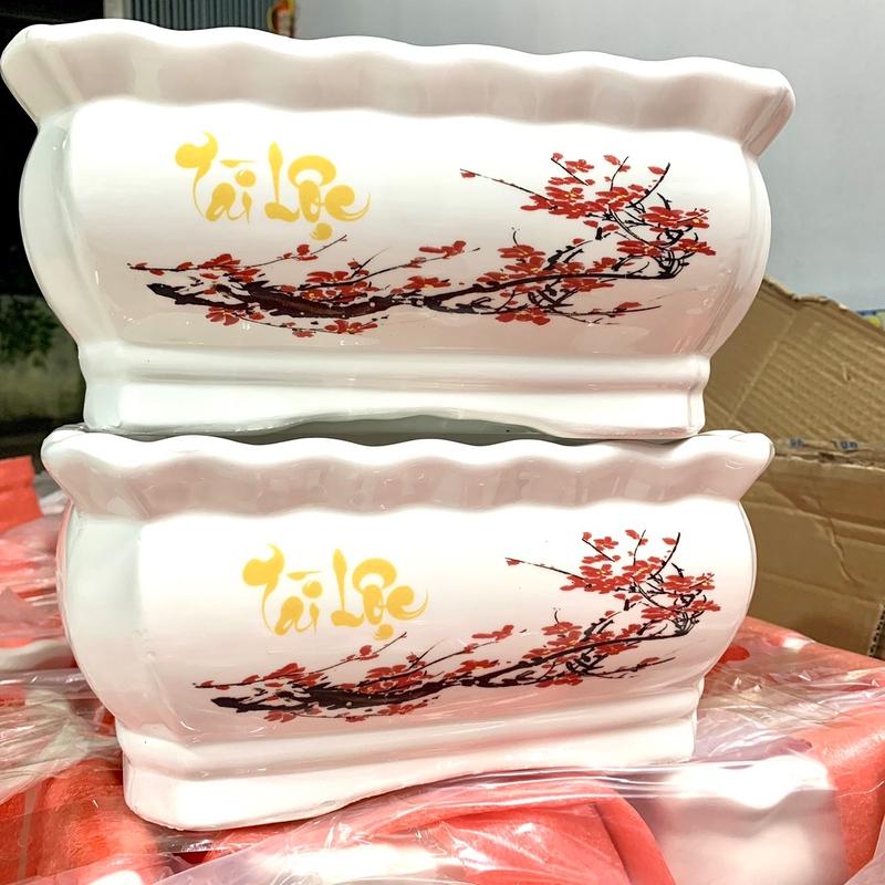 Chậu gốm sứ trắng hình chữ nhật gắn gốc Bonsai hoa đào hoa mai TẾT, Ang chậu Chữ Lộc Trắng nhiều kích cỡ gắn cây đào cây mai Tết