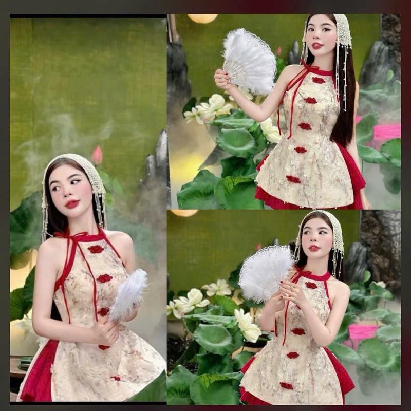 SET ÁO HOA THÊU CỔ YẾM KÈM CHÂN VÁY XOÈ MẶC TẾT