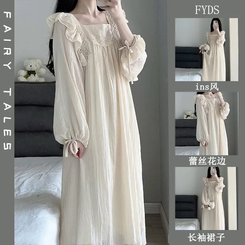 Váy Ngủ Dài Tay, Dành Cho Nữ, Bộ Sưu Tập Mùa Xuân Và Mùa Thu, Hàng Mới Về, Phong Cách Ngọt Ngào, Màu Trơn Nơ Ren Cao Cấp, Chân Váy Ngủ Hoa Sen, Thích Hợp Cho Đồ Mặc Nhà, 2024
