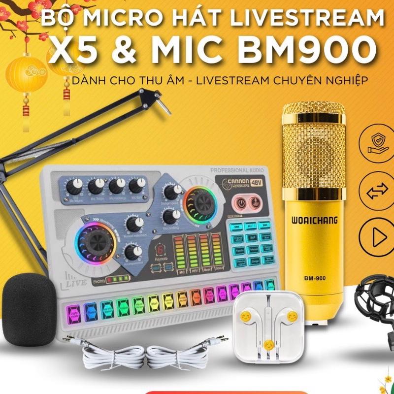 Trọn Bộ Hát Thu Âm Sound-Card X5 tích 48V + Micro BM900 Live Stream Oneline Tại Nhà - Bộ hát karaoke livestream giá rẻ