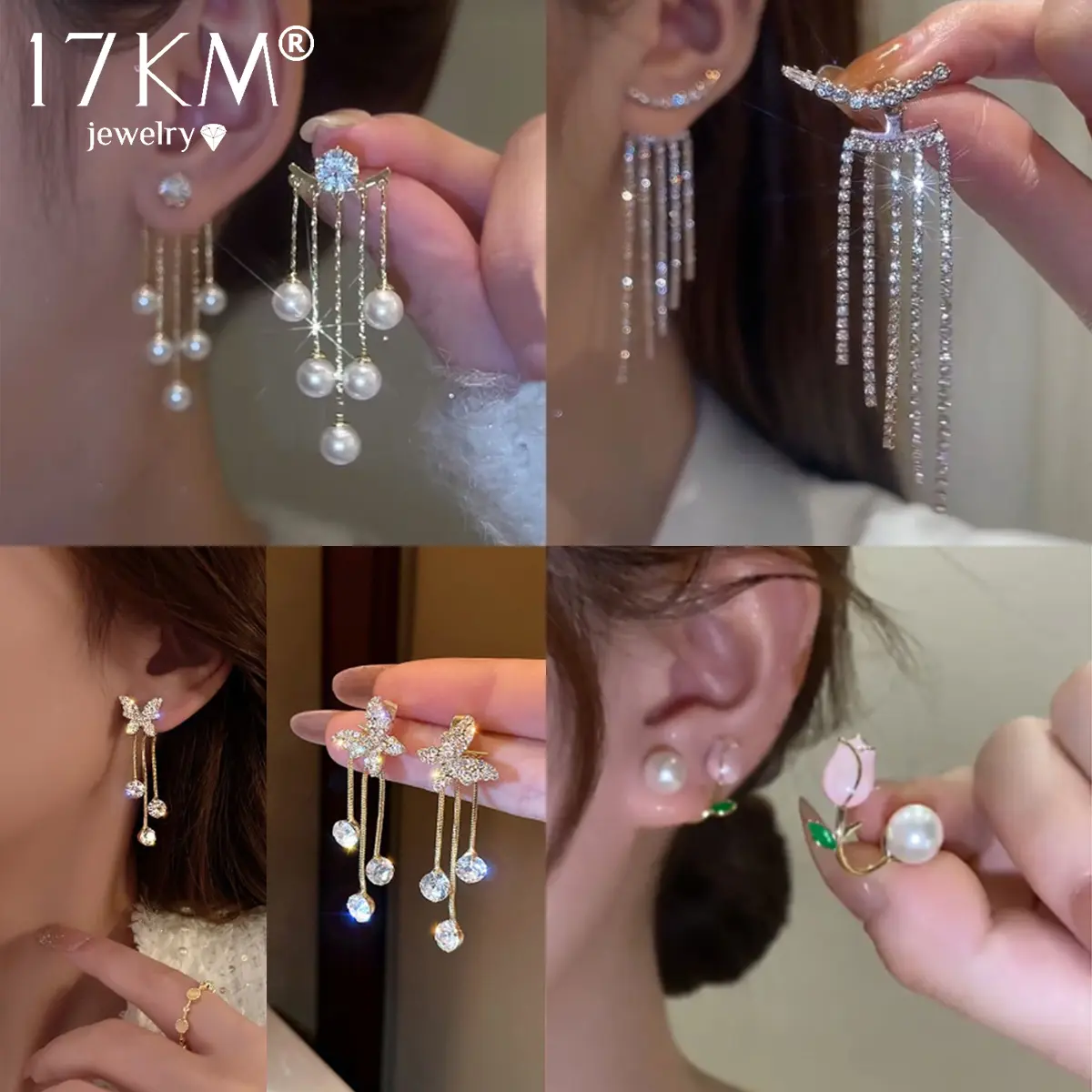 17KM Korean Long Tassel Earrings For Women  Hypoallergenic Drop Earrings Retro Butterfly Heart Tulip Geometric Zircon Piercing Stud Earring Fashion Niche Design Jewelry Accessories