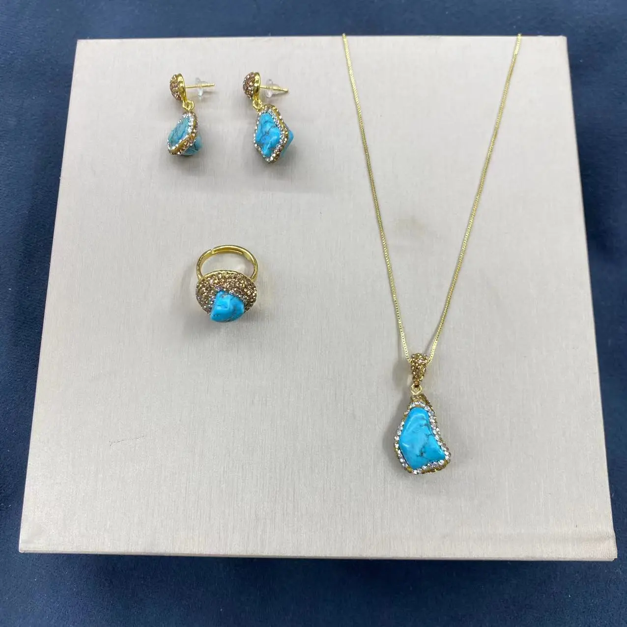 In Stock Natural Turquoise Necklace Ring Earrings Three-Piece Set Clay Craft Jewelry Clavicle Chain Point Drill Accessories
